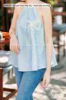 AY0027 - Áo yếm linen Mây Mơ - Xanh biển nơ trắng