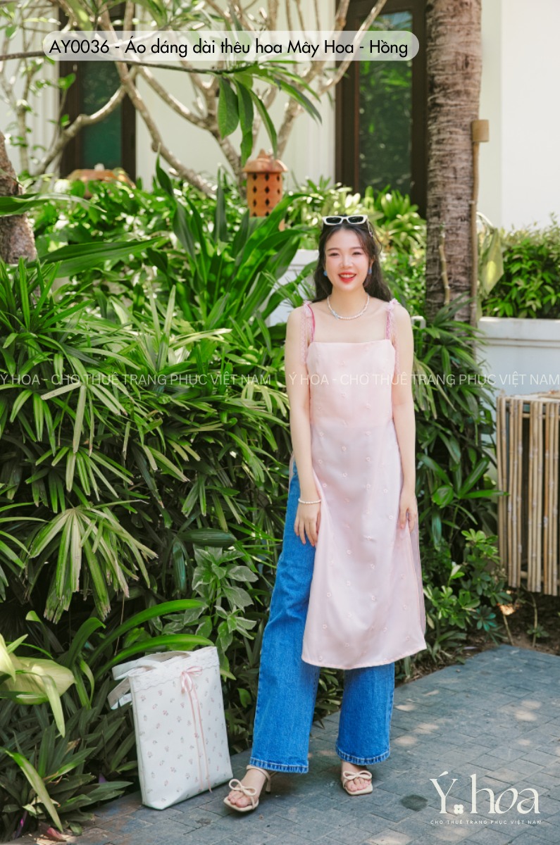 AY0036 - Áo dáng dài thêu hoa Mây Hoa - Hồng