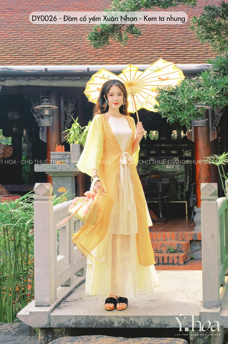 DY0026 - Đầm cổ yếm Xuân Nhạn - Kem tơ nhung - Ảnh 3