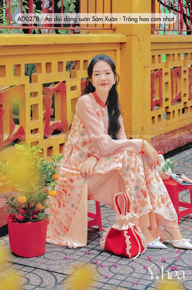 AD0278 - Áo dài dáng suôn Sớm Xuân - Trắng hoa cam nhạt - Ảnh 2