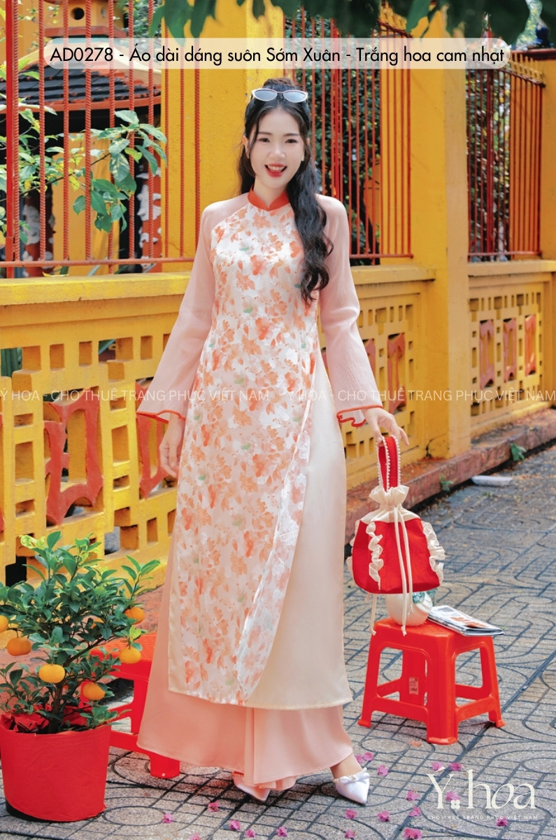 AD0278 - Áo dài dáng suôn Sớm Xuân - Trắng hoa cam nhạt
