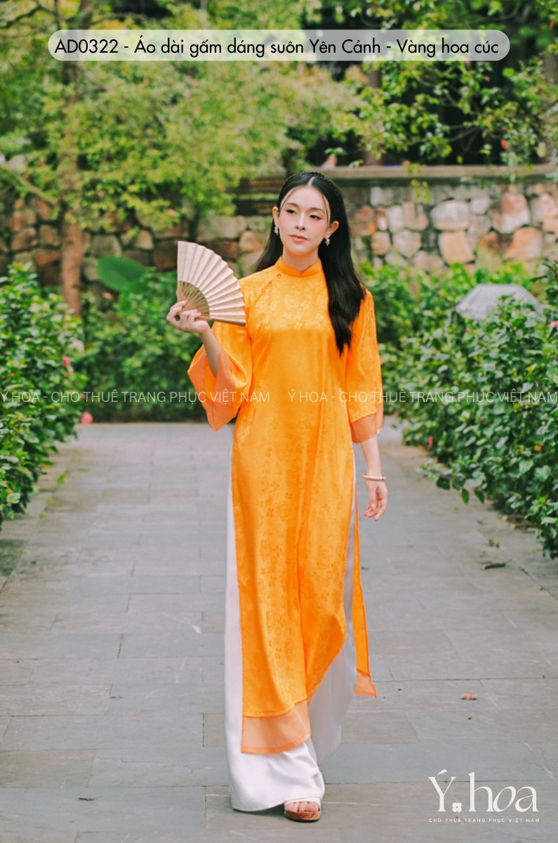AD0322 - Áo dài gấm dáng suôn Yên Cảnh - Vàng hoa cúc