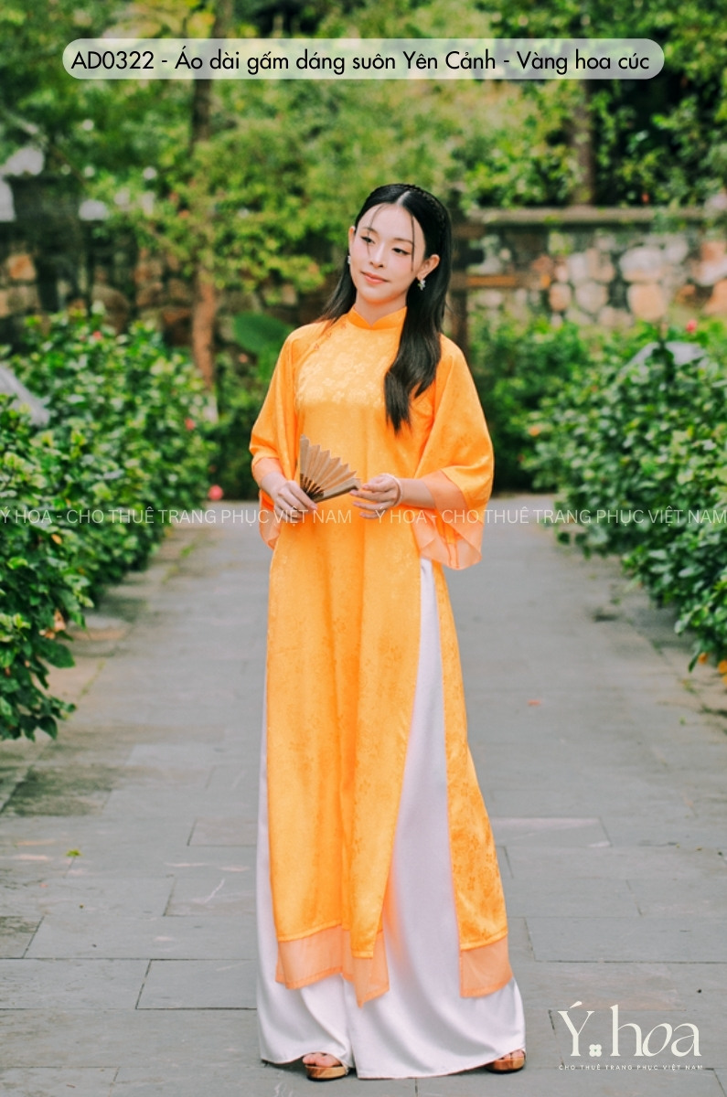 AD0322 - Áo dài gấm dáng suôn Yên Cảnh - Vàng hoa cúc - Ảnh 2