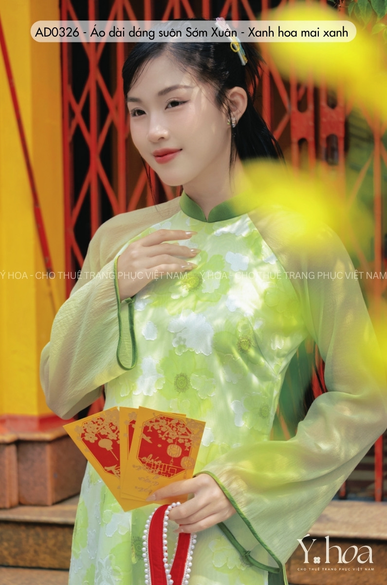 AD0326 - Áo dài dáng suôn Sớm Xuân - Xanh hoa mai xanh - Ảnh 2