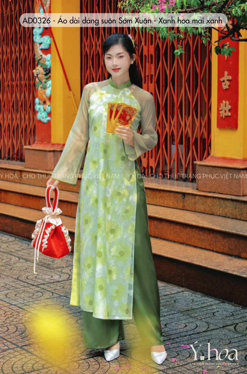 AD0326 - Áo dài dáng suôn Sớm Xuân - Xanh hoa mai xanh