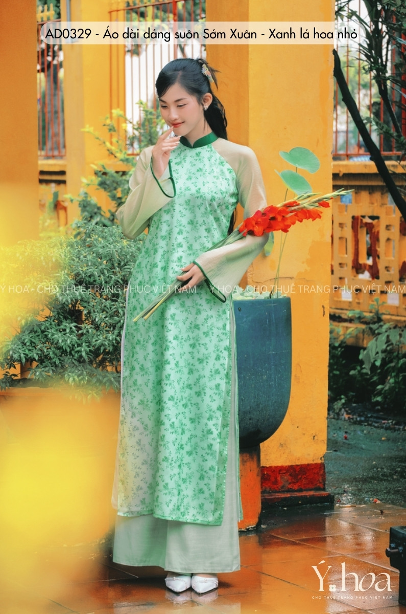 AD0329 - Áo dài dáng suôn Sớm Xuân - Xanh lá hoa nhỏ
