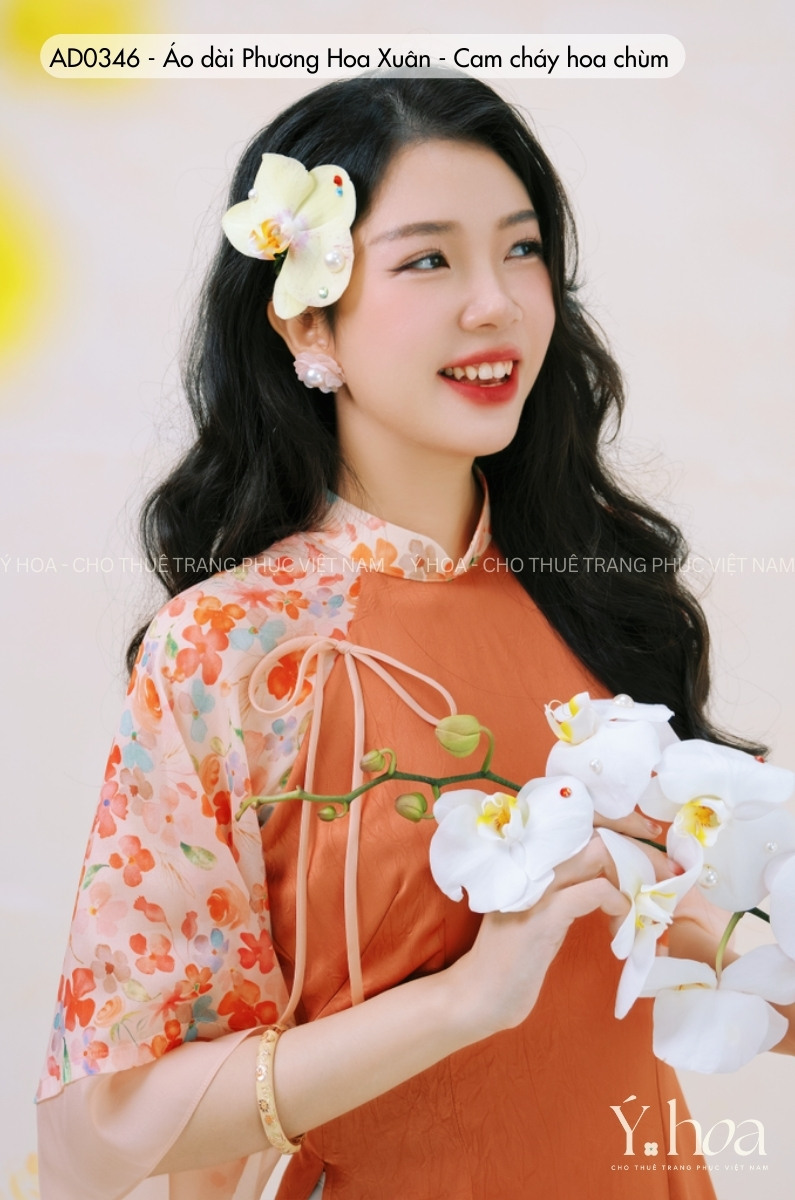 AD0346 - Áo dài Phương Hoa Xuân - Cam cháy hoa chùm - Ảnh 2