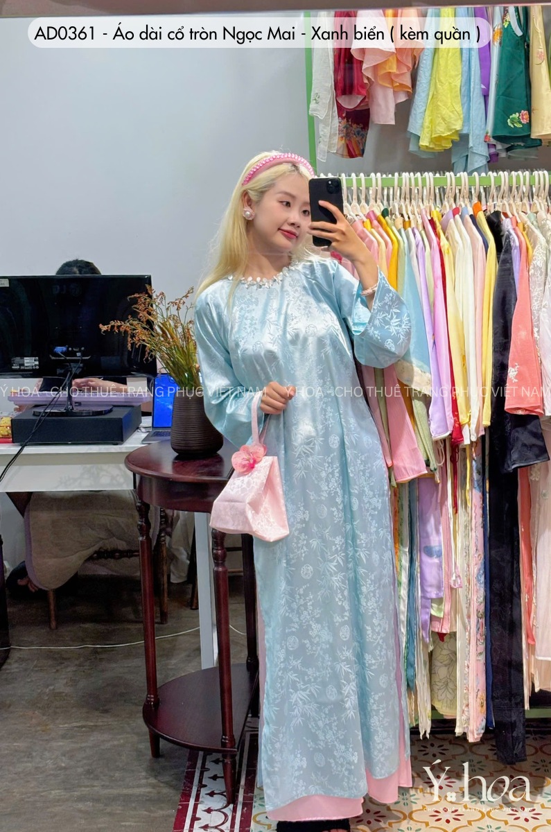 AD0361 - Áo dài cổ tròn Ngọc Mai - Xanh biển ( kèm quần ) - Ảnh 2