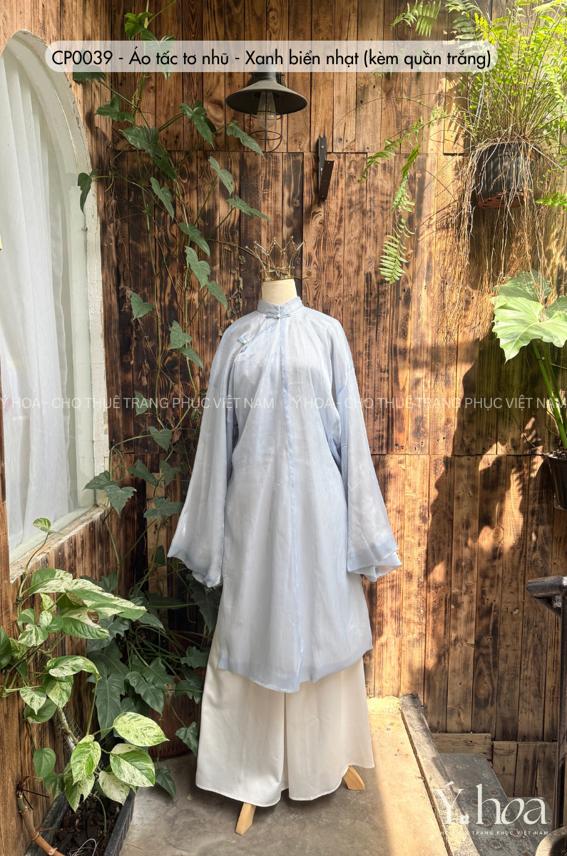 CP0039 - Áo tấc tơ nhũ - Xanh biển nhạt  (kèm quần trắng)