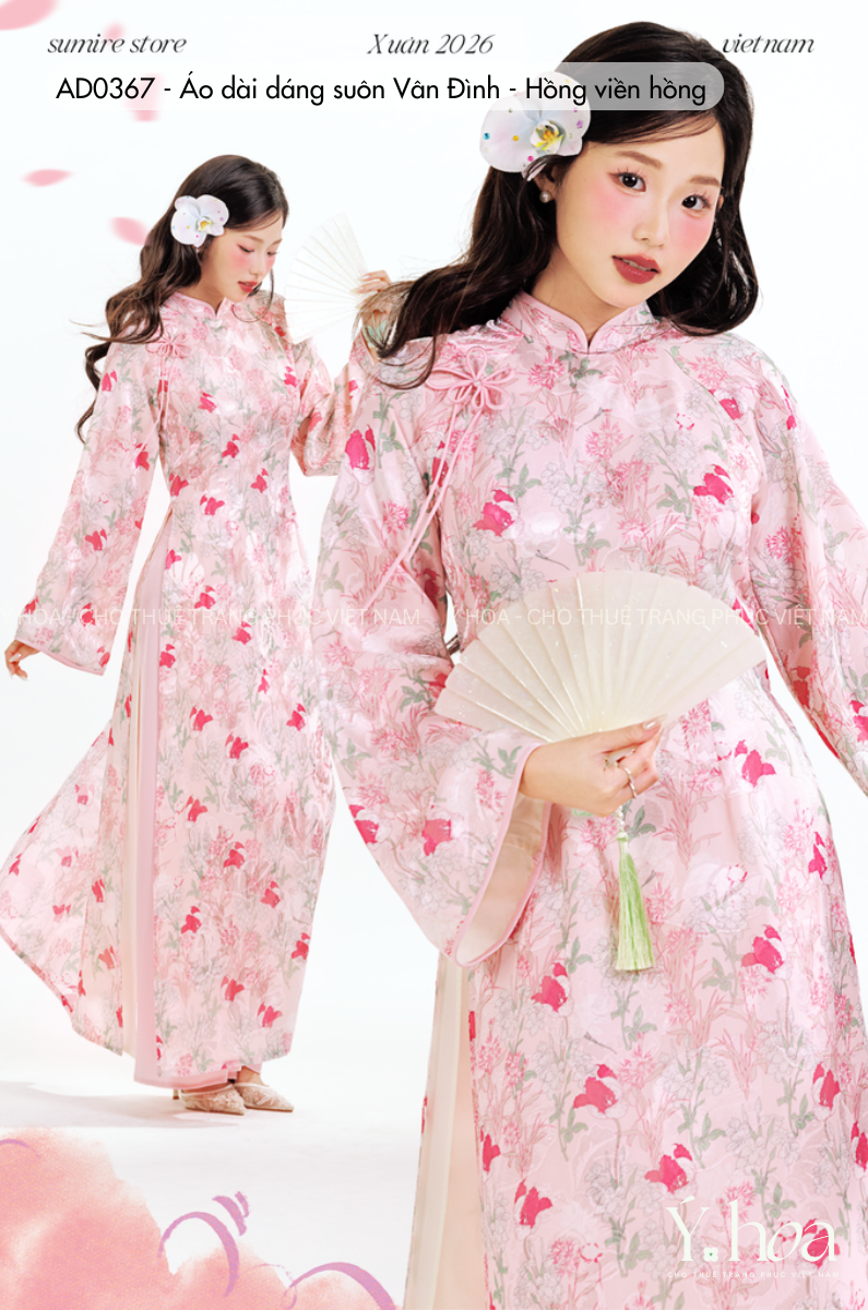 AD0367 - Áo dài dáng suôn Vân Đình - Hồng viền hồng