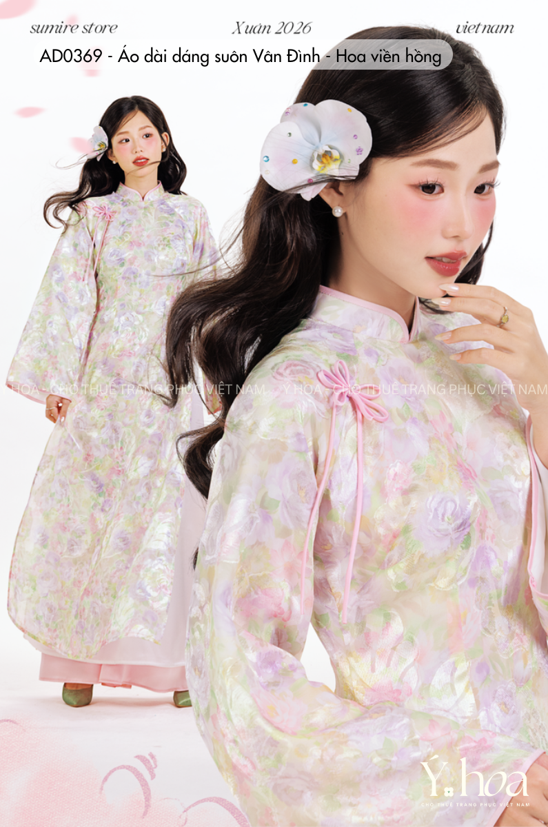 AD0369 - Áo dài dáng suôn Vân Đình - Hoa viền hồng