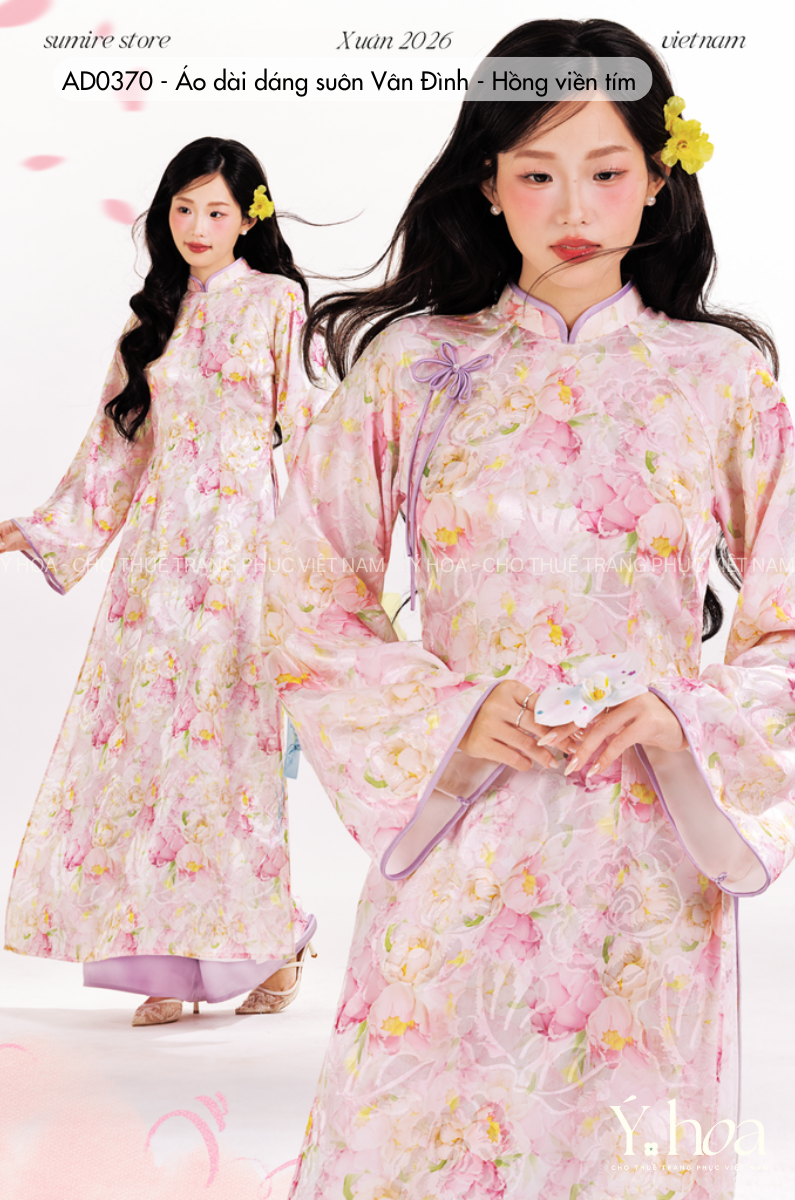 AD0370 - Áo dài dáng suôn Vân Đình - Hồng viền tím