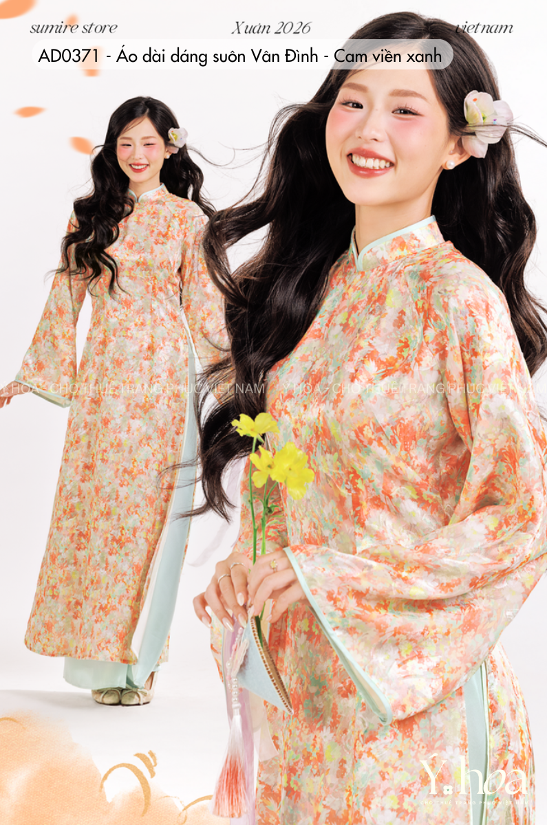 AD0371 - Áo dài dáng suôn Vân Đình - Cam viền xanh
