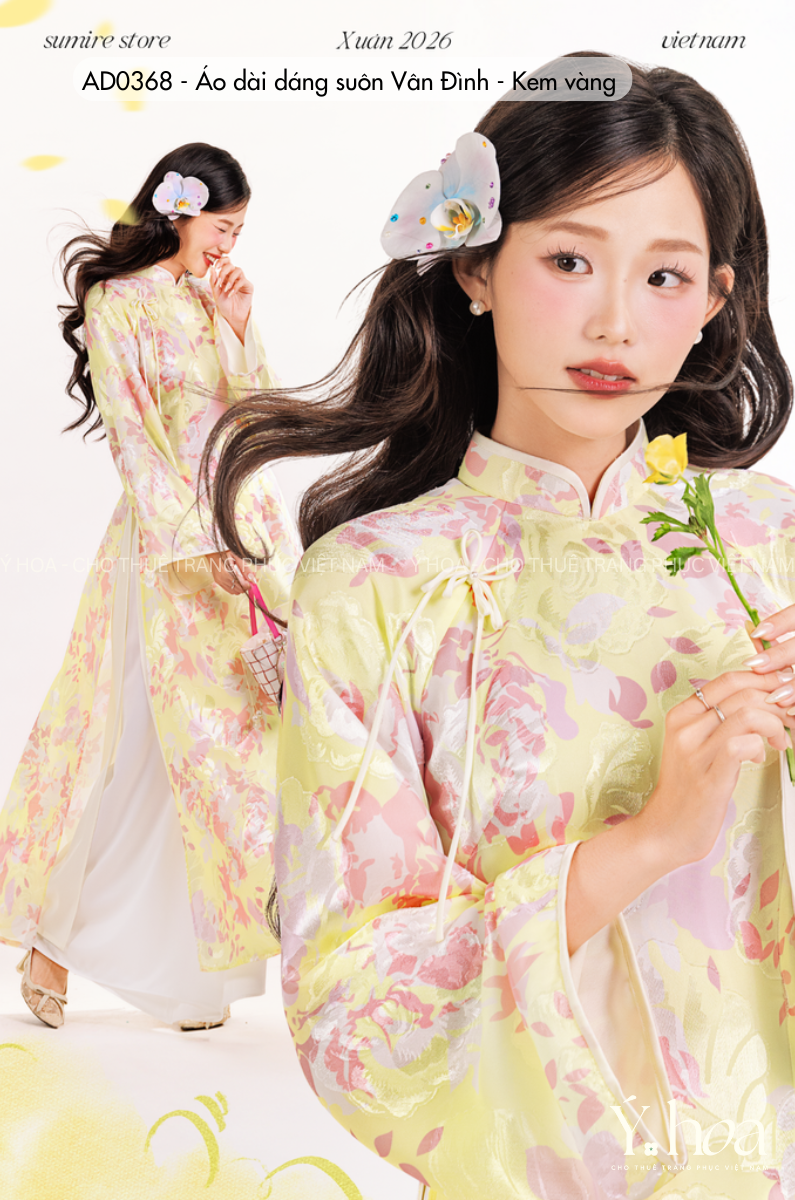 AD0368 - Áo dài dáng suôn Vân Đình - Kem vàng